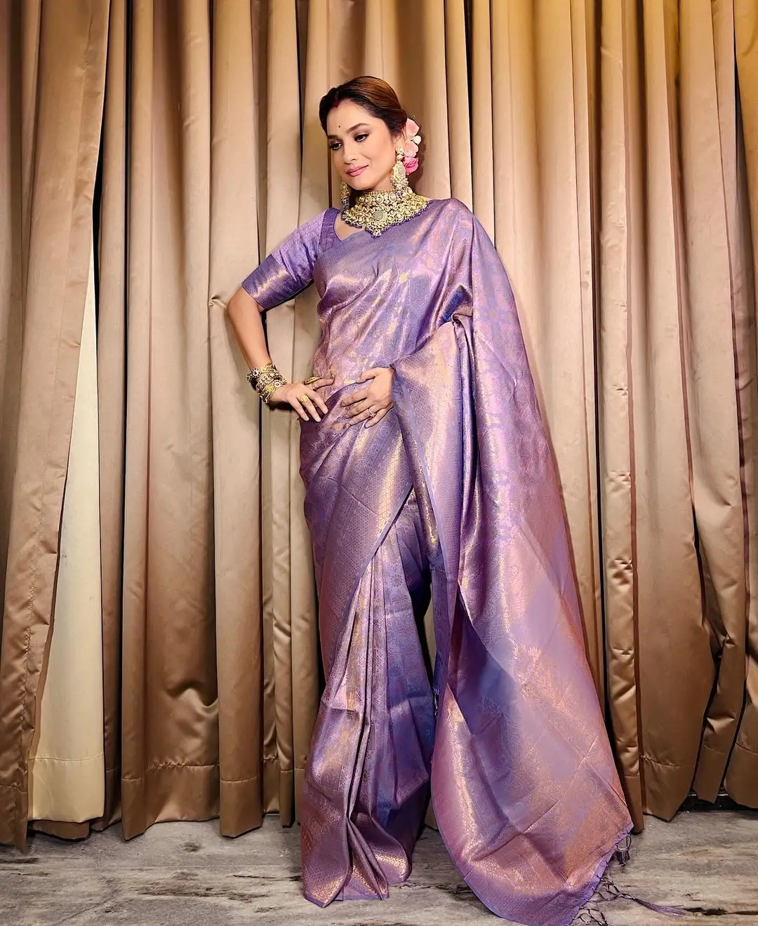 Ankita Lokhande in South Indian Traditional Violet Saree Blouse